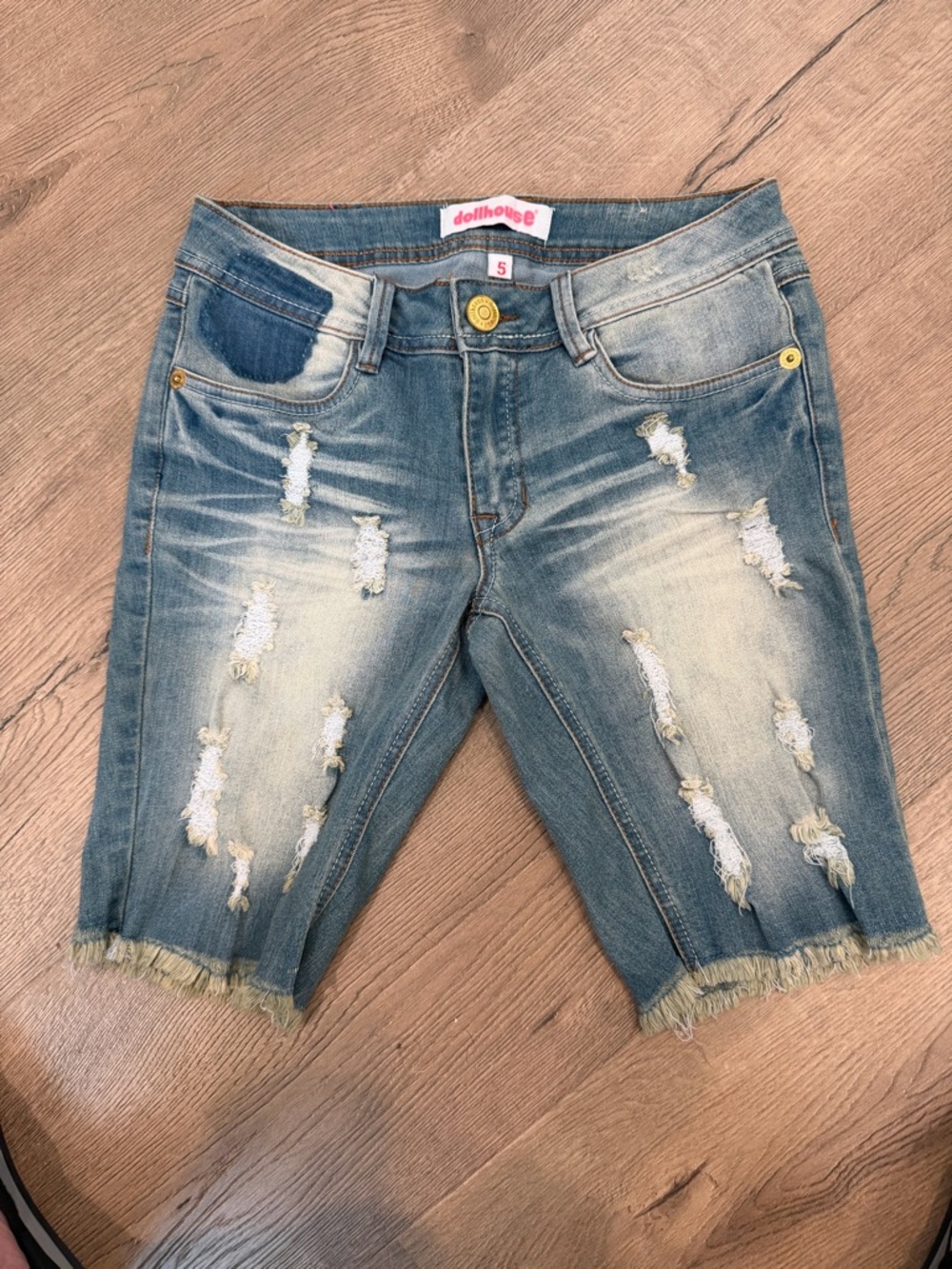 Dollhouse Light Blue Distressed Denim Shorts with Gold Button